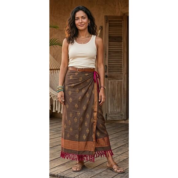 Free People Dresses & Skirts - NWT Free People Earthy Gold Metallic Paisley Fringe Hem Cotton Wrap Skirt Medium